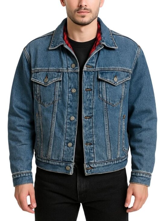 Vintage GAP 90s Denim Trucker Jacket Buffalo Plaid Blanket Lined - Picture 16 of 16